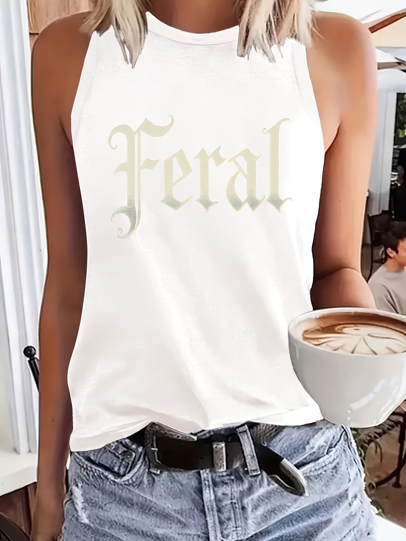 Women's Regular Vest, Wild Gothic Font Print Design Fun Cartoon Letter Pattern, Round Neck Casual, Machine Washable, Fashionable and Versatile Clothing