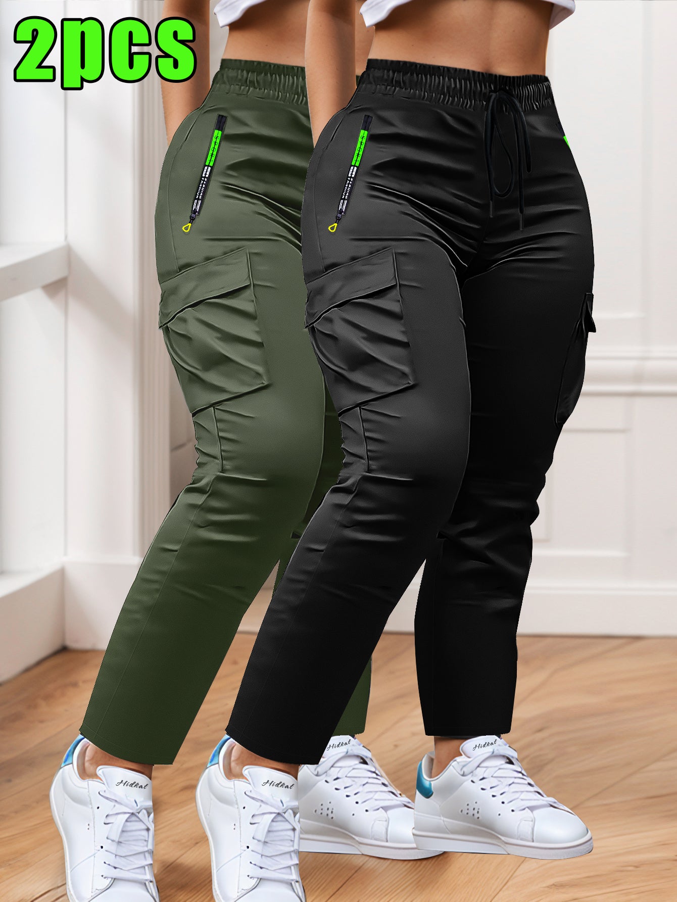 2-pack of Women'S Multi-pocket Slim Cargo Pants, Drawstring Zip Pocket Design, Straight Leg Casual Trousers, Suitable for Outdoor Sports, Everyday Wear, and Dates.