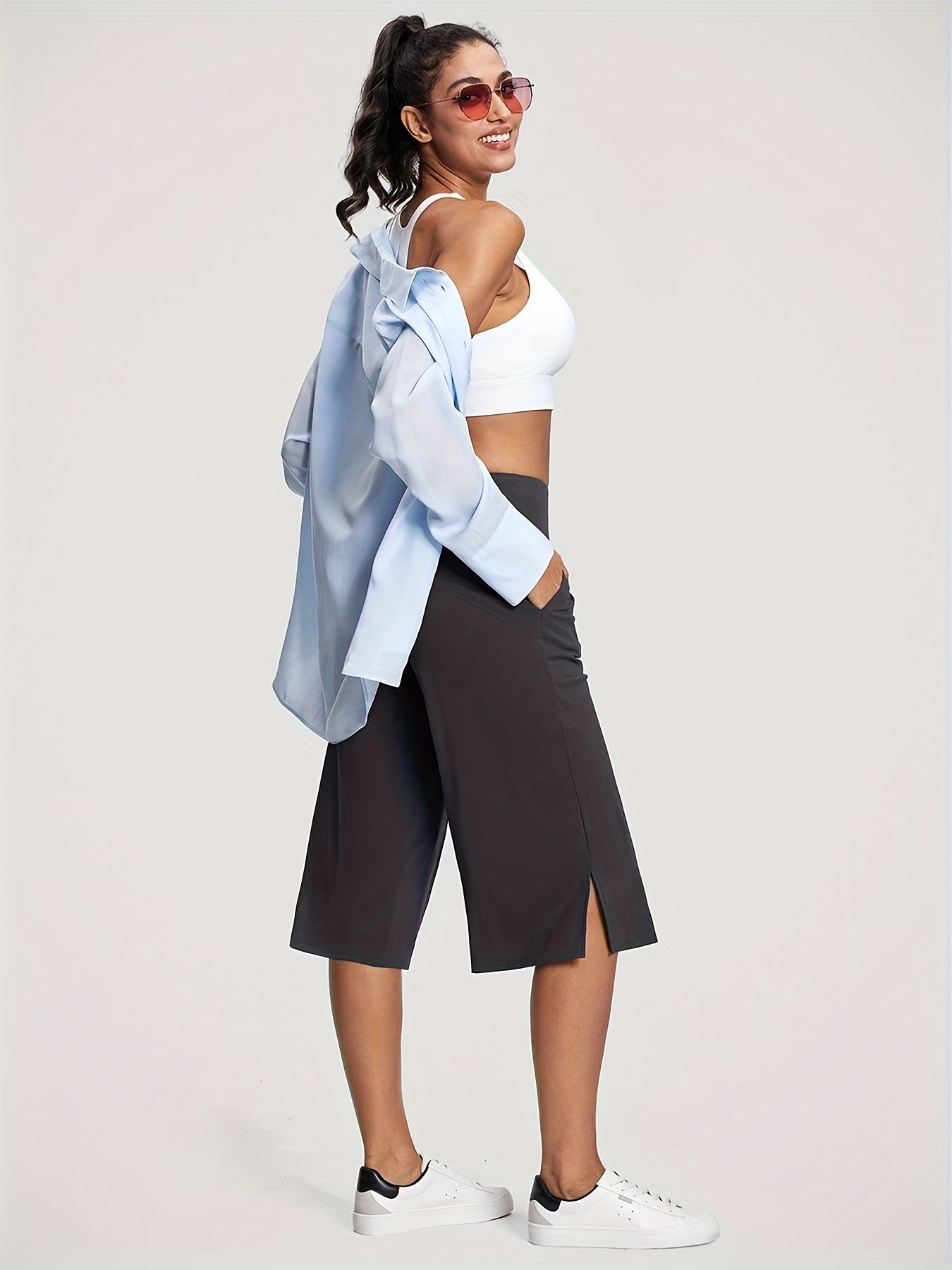 18'' Women's High-Waisted Wide Leg Yoga Capri Pants with Elastic Waist - Loose Comfortable Stretchable Soft Pants Suitable for Yoga, Workout, Casual & for Business Occasions - Spring Summer Fall Wearable with Practical Pockets (No Needed)