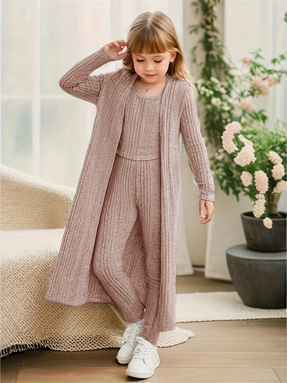 Stretchy Knitwear 3pcs Girls, Long Sleeve Shawl Knit Cardigan + Top + Leggings Kids Gift, perfect for casual outdoors & walking dog, Perfect for Outdoor