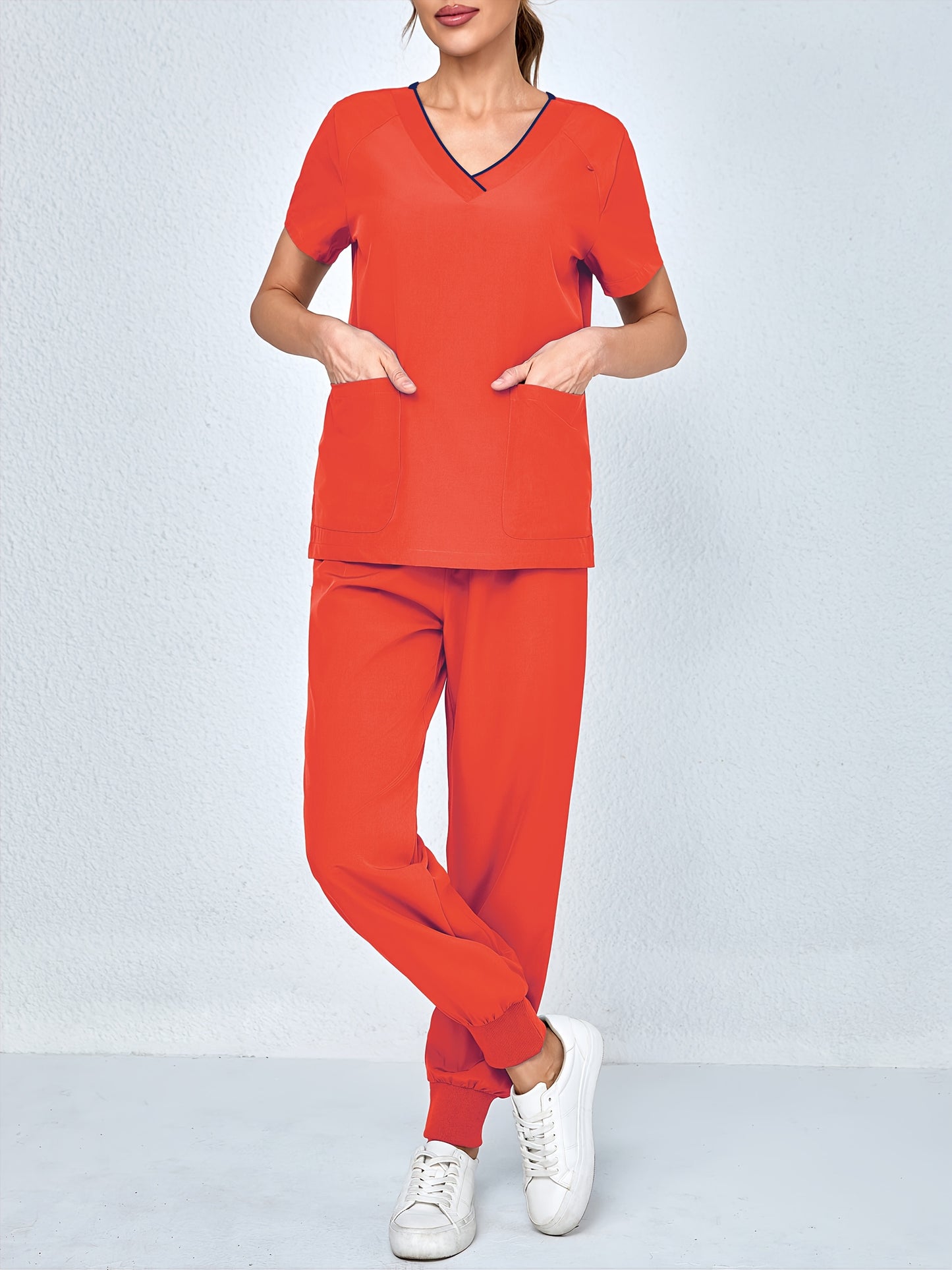 2pcs Set Of Top And Pants, Women's V-neck Frosted Breathable Pocket S Uniform, Brushed Hand Clothes, Work Clothes, Hand Washing Clothes, Pocket Clothes, Leg Binding Pants Set