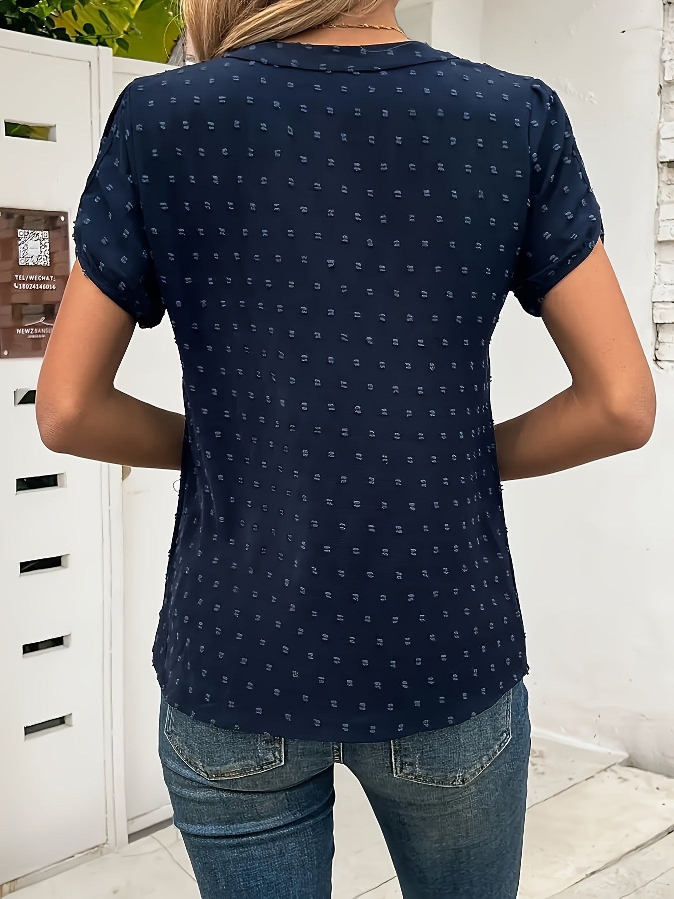 Women's Swiss Dot Blouse - 100%, Casual Style, Solid Color, Lightweight & Flattering, Short Sleeve Top for Spring/Summer