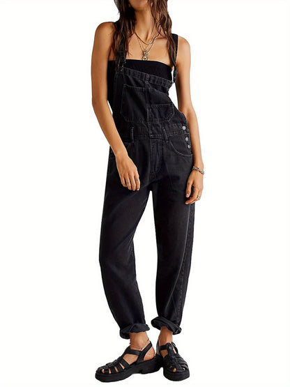 [Denim Bib Overalls] 1pc Women's Denim Bib Overalls Jumpsuit - Loose Fit, Straight Wide Leg Baggy Jean Style with Pockets, Machine Washable Casual Spring Summer Fall Outfit, Sizes S-XXL