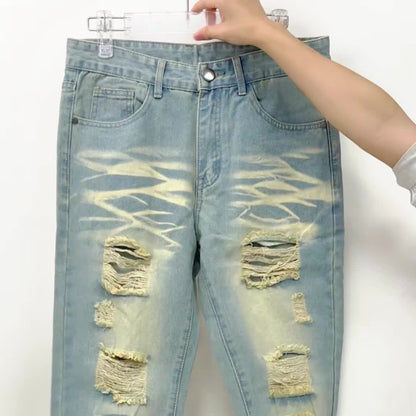 Men'S Torn Denim, Retro Faded Tapered Trousers, Basic Design, Slim Cut, Casual Pants for All Seasons, Ideal for Fall And Winter, Particularly for Christmas, Halloween, And Thanksgiving Presents