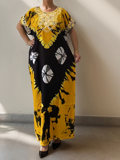 Elegant Ramadan Kaftan Dress: Middle Eastern Women's Long Sleeve, Floral Print, Rayon/Viscose, Seasonal, Straight Cut,, Sari Style, Suitable for All Seasons