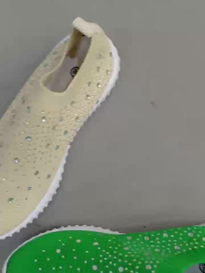 Women's Rhinestone Slip On Sneakers Sparkly Knit Walking Shoes Comfort Breathable Mesh Athletic Footwear Casual Bling Tennis Shoes Flat Loafers for Daily Wear Work Travel Trendy Lightweight Ladies