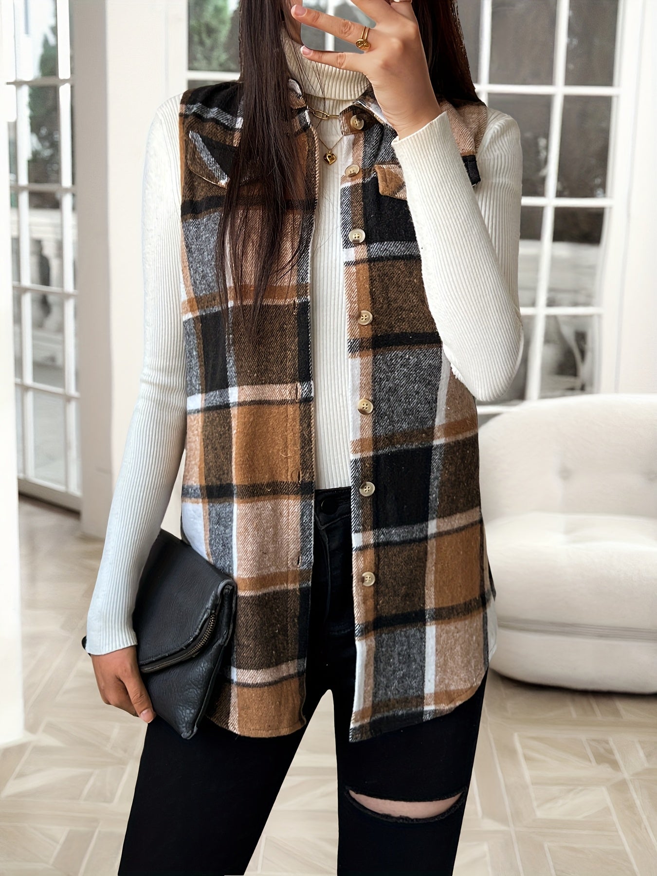 Fashionable Women'S Lapel Vest Jacket in Plaid for Spring, Autumn, And Winter