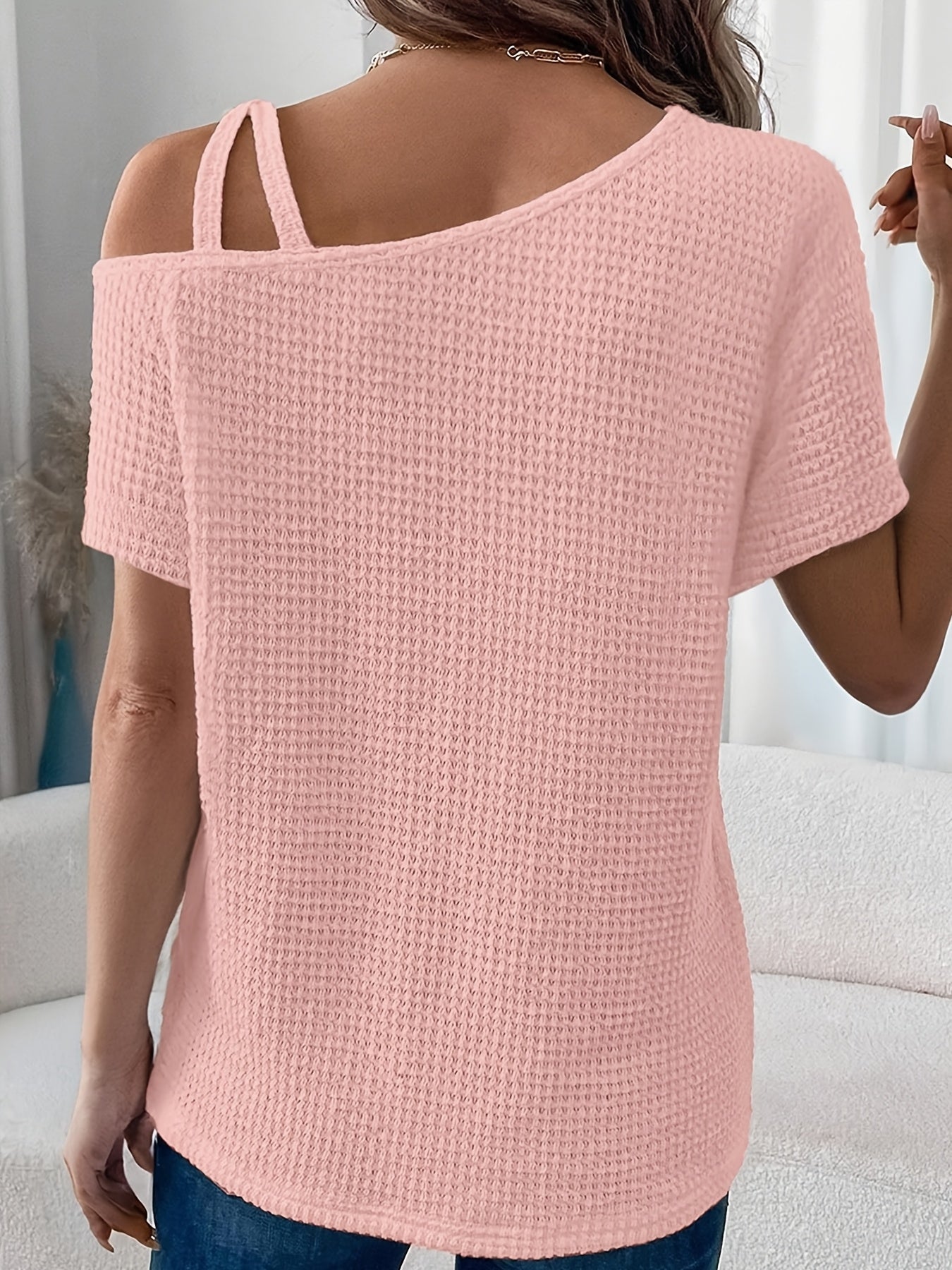 Women'S Summer Off Shoulder Waffle Short Sleeve T-Shirt Solid Color Top