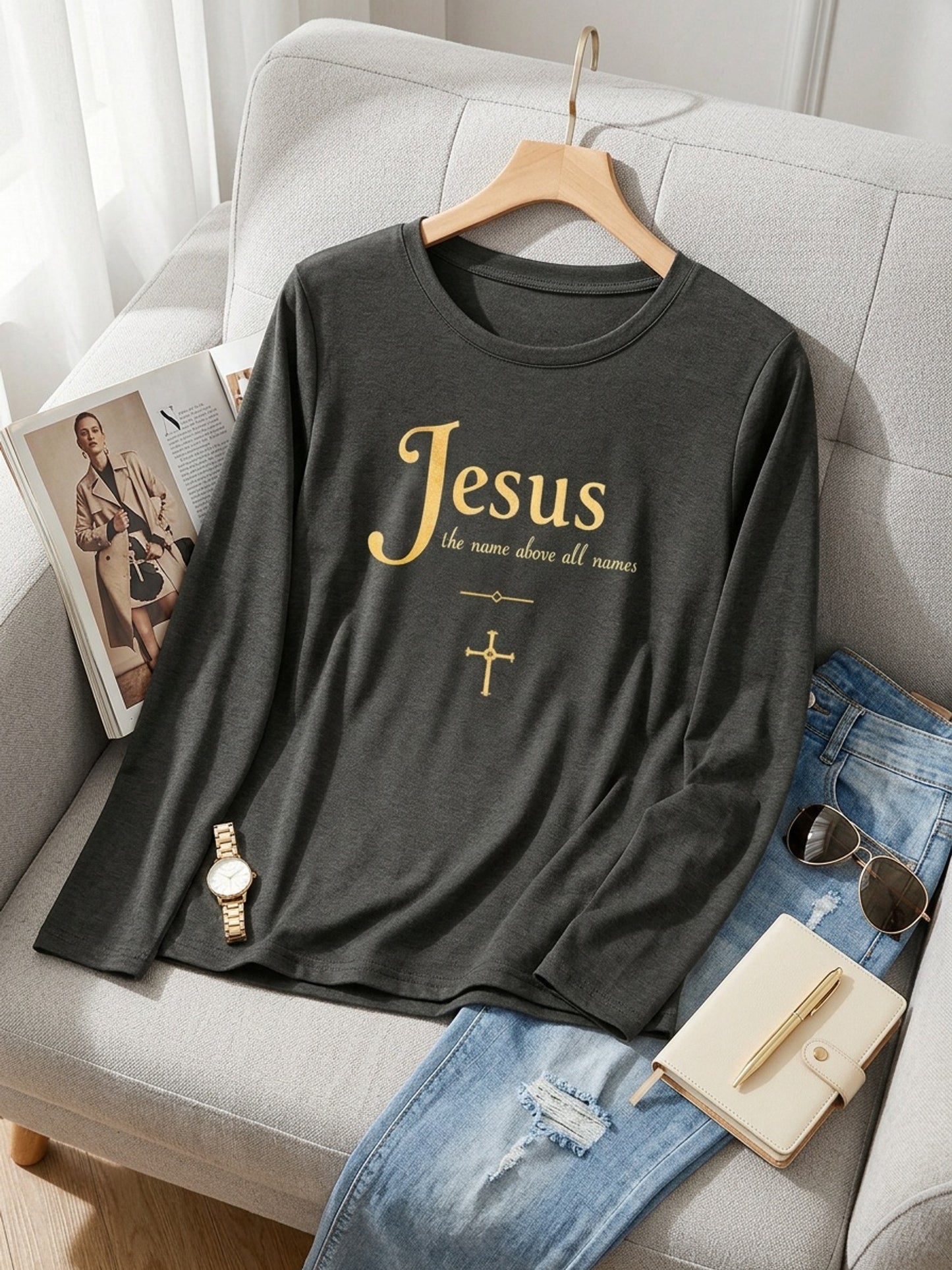 Woman T shirts 1pc Jesus The Name Above All Names Washable Comfortable Durable Easy Wear Casual Holiday Party Outfit Fashion 200g Heavyweight Long Sleeve T Shirt (100% Polyester)