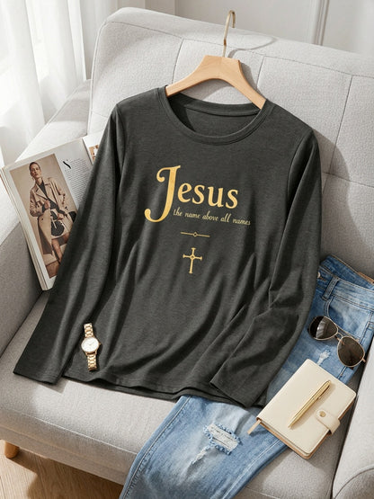Woman T shirts 1pc Jesus The Name Above All Names Washable Comfortable Durable Easy Wear Casual Holiday Party Outfit Fashion 200g Heavyweight Long Sleeve T Shirt (100% Polyester)