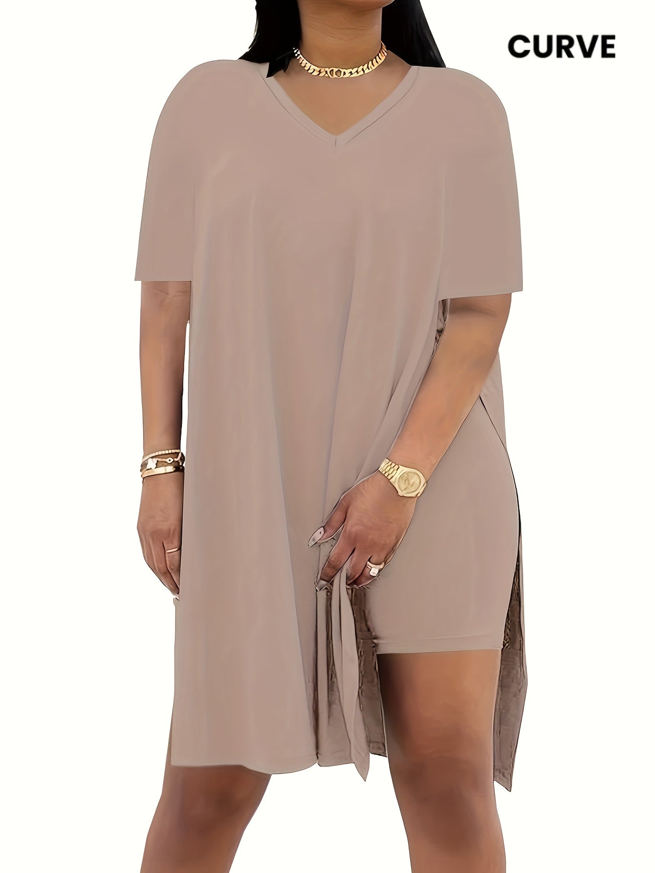 Two-Piece Outfit for Plus-Size Women Featuring a Casual V-Neck Short-Sleeve Top with Side Slits And Drawstring Leggings, Made from Comfortable, Ideal for Everyday Wear