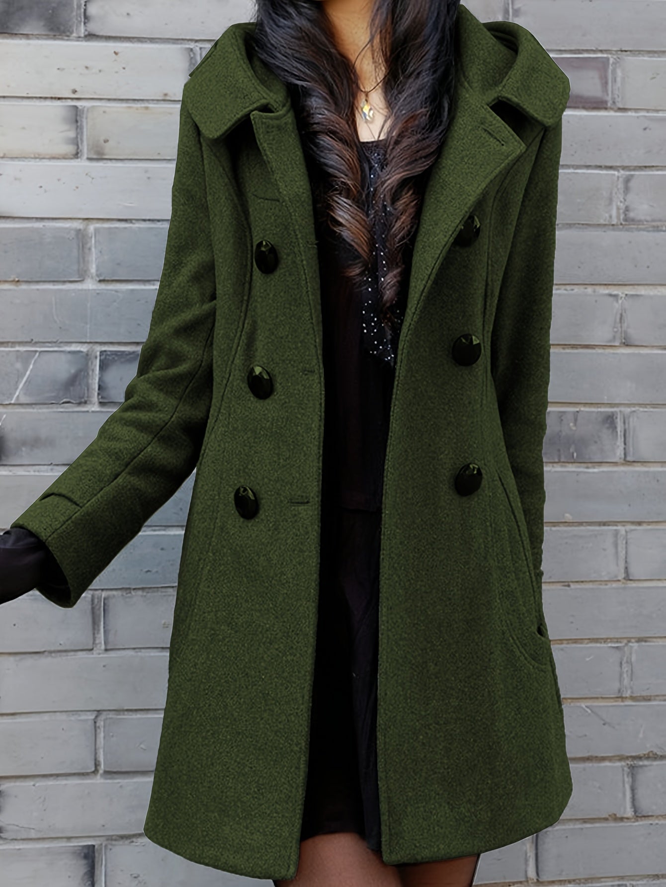 Women'S Hooded Double-Breasted Wool Blend Mid-Length Elegant Casual Coat