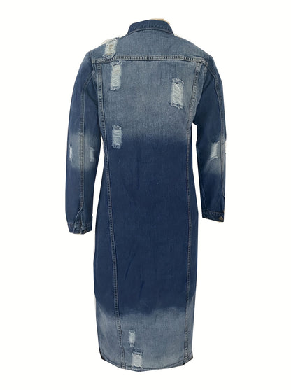 Long Denim Jacket With Worn Holes, Long Denim Trench Coat For Women