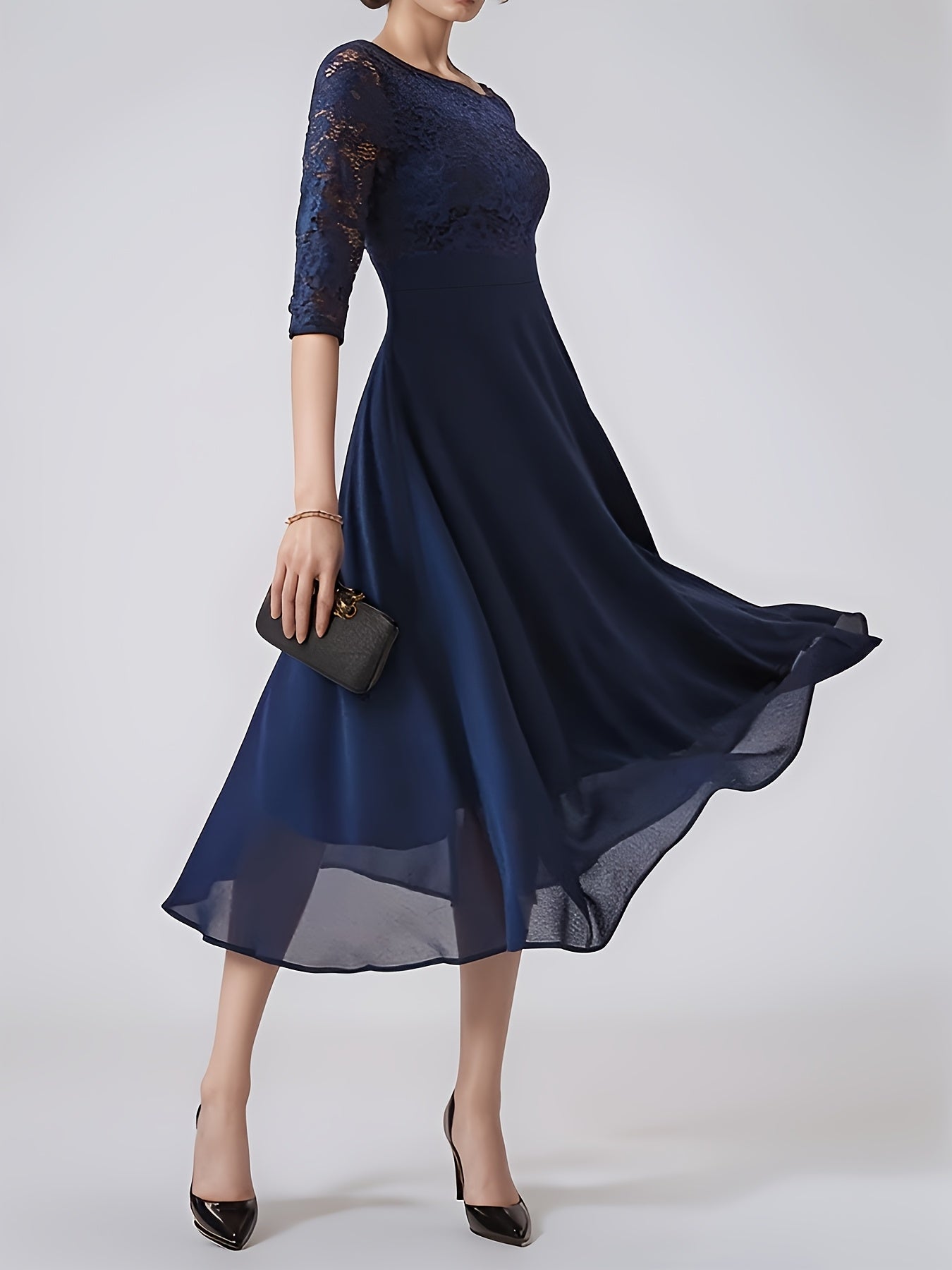 Elegant Navy Blue Lace-Trimmed Chiffon Evening Gown with Short Sleeves And Flowing Skirt, Perfect for Formal Events And Parties, Formal Evening Gown