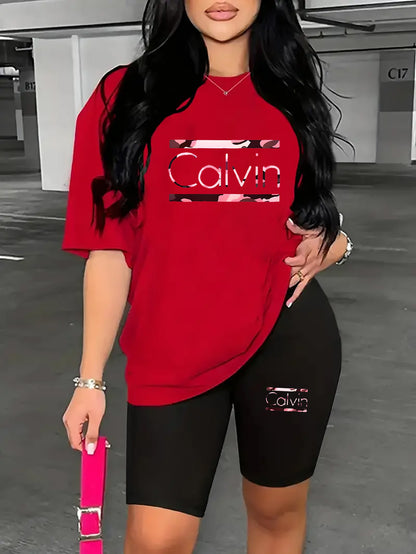 Women's 2pcs Oversized T-Shirt & Fitted Shorts Matching Outfit - Oversized T-Shirt with Fitted Shorts, Lettering Print Streetwear Lounge Wear, 2pcs Set Suitable for - Casual Wear, Machine Washable Matching