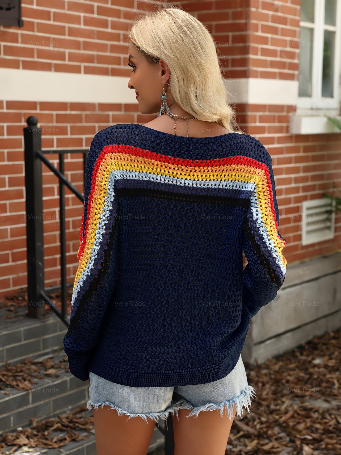 Women's Countryside Style Colorful Striped Hollow-Out Sweater - Fall Winter Long Sleeve Crewneck Pullover|Cute Y2K Fashion Top, Casual Streetwear for Autumn, Trendy Vacation Outfit