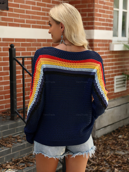 Women's Countryside Style Colorful Striped Hollow-Out Sweater - Fall Winter Long Sleeve Crewneck Pullover|Cute Y2K Fashion Top, Casual Streetwear for Autumn, Trendy Vacation Outfit