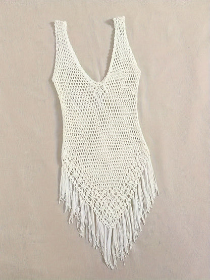Boho Beach Hollow Cover Up Bodycon Dress - Women's Sleeveless Crochet Dress with Tassel