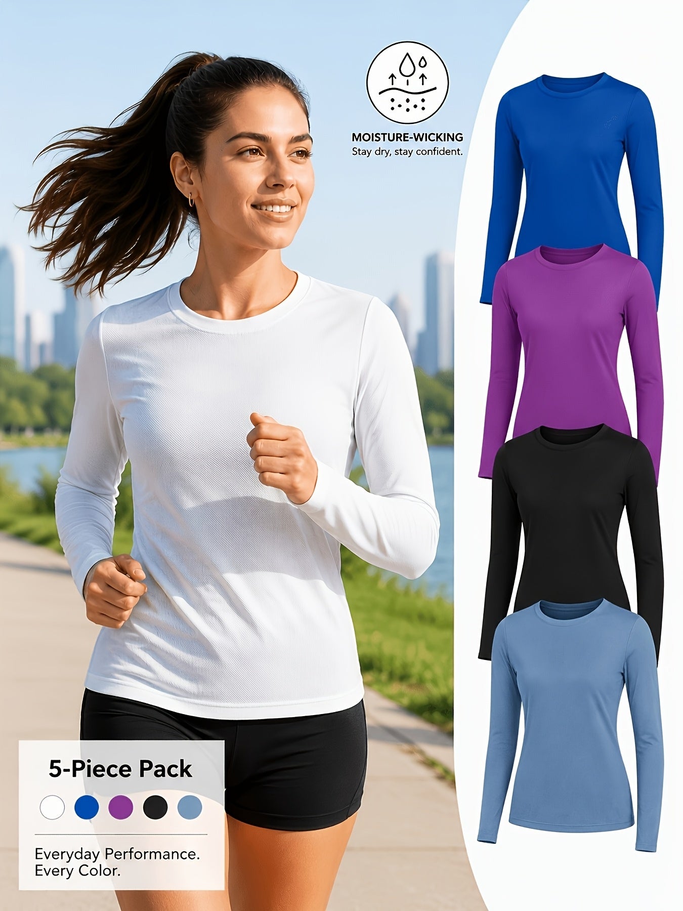 5pcs Women'S Long Sleeve T-Shirts - High Stretch, Moisture-Wicking & Breathable, Five Color Options for, Outdoor - Four Seasons Collection, Shirts, Wear, Solid Color Top, Breathable Fabric