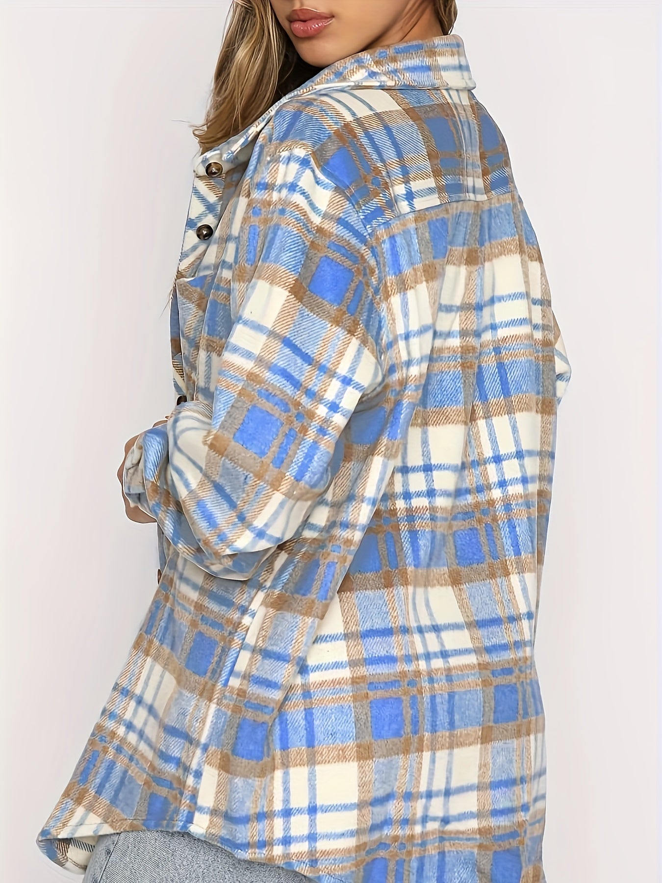 Plus Size, Women's Plus Size Plaid Flannel Shacket Jacket - Collar Button-Front Coat with H-Line Silhouette & Umbrella Hem, Soft 95% Warm Blazer for Fall Winter, Casual Outerwear ( Jeans Dresser)