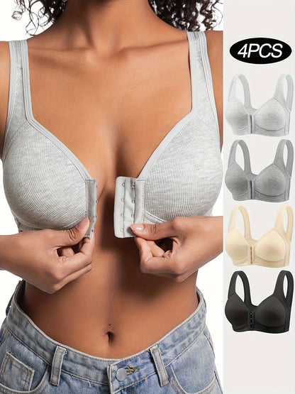 4pcs Women'S Elegant Fully Covered Underwire Bra, Front Buckle Design, Breathable Nylon, Seamless Design in Beige And Black, Comfortable And Fitted Casual Clothing