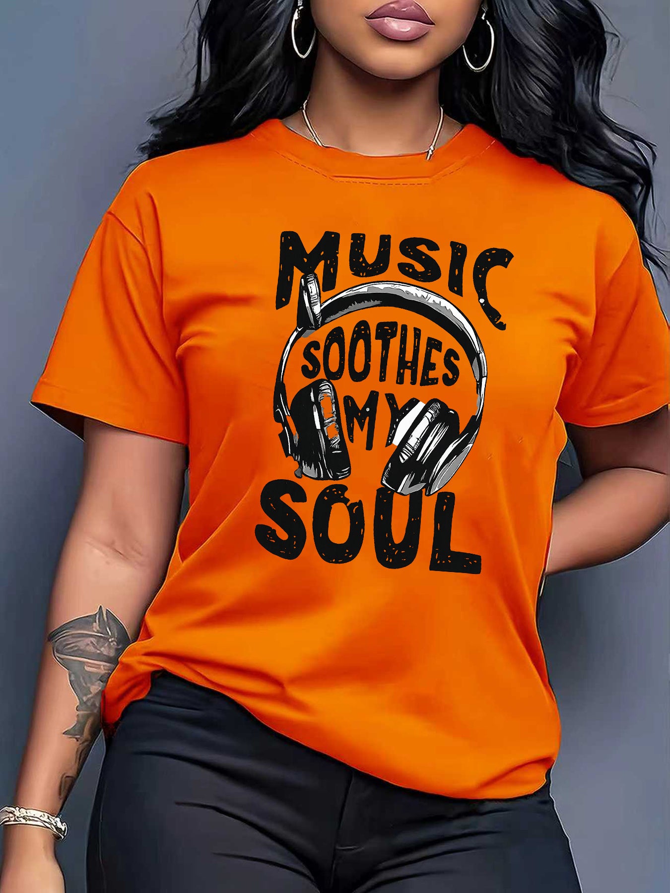 "MUSIC SOOTHES MY SOUL" Headphone Print Orange T- Shirt, From Local Warehouse, Merging Western Clothing Music- Inspired Themes, Music Fans, S- XXL