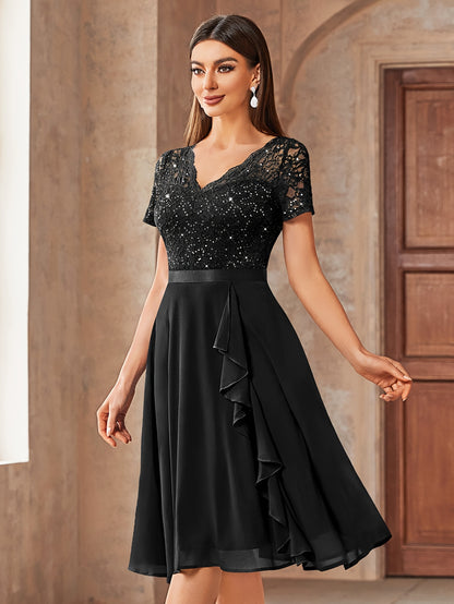 24224 Elegant Womens Sequin Lace Chiffon A Line Bridesmaid Dress, V Neck Short Sleeves, Ruched Ruffle Hem, Perfect for Graduation Season, Wedding Season, Summer Wedding Guest, Evening Party, Cruise Party And Birthday Celebration