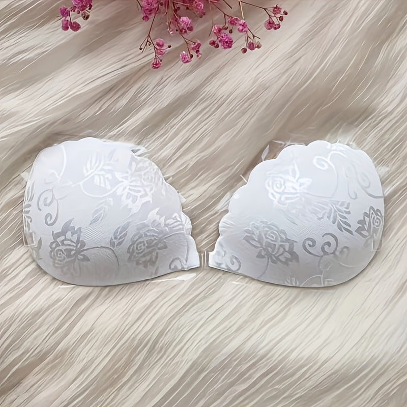 1 Pair SAHOBBIEHOP Lace Adhesive Push Up Bra Inserts - Polyester 80%, Silicone 20%, Breathable, Strong Adhesion, Front Button Design, Non-Transparent, Wireless Support, Ideal for Wedding Dresses and Strapless Gowns