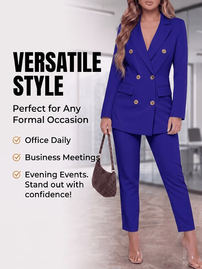 2pcss Blazer Set Pantsuit Women Double Breasted Blazer Set Formal 2pcss Pantsuit For Office Work, Long Sleeve Business Suit Slim Fit Double Breasted Suit For Business Meetings Corporate Office