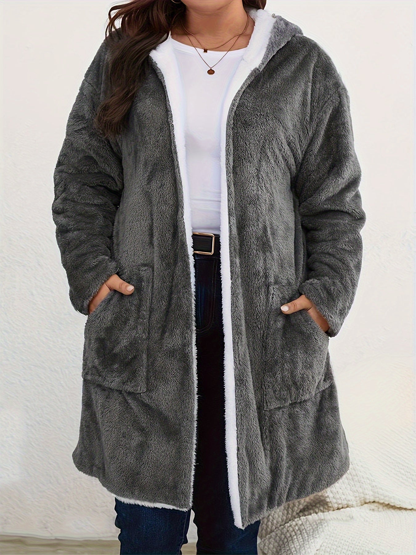 Plus Size, Plus Size Women's Autumn And Winter Casual Mid to Long Solid Color Plush Hooded Jacket