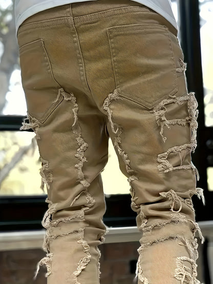 Men's Creative Tassel Decor Straight Fit Jeans, Men's Casual Mid-Rise Elastic Street Style Hip-Hop Skate Rap Jeans for All Seasons