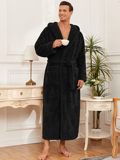 Men'S Thickened Flannel Hooded Bathrobe - Soft Plush Long Sleeve Robe with Pockets, Warm & Breathable Winterrobe for Home, Spa