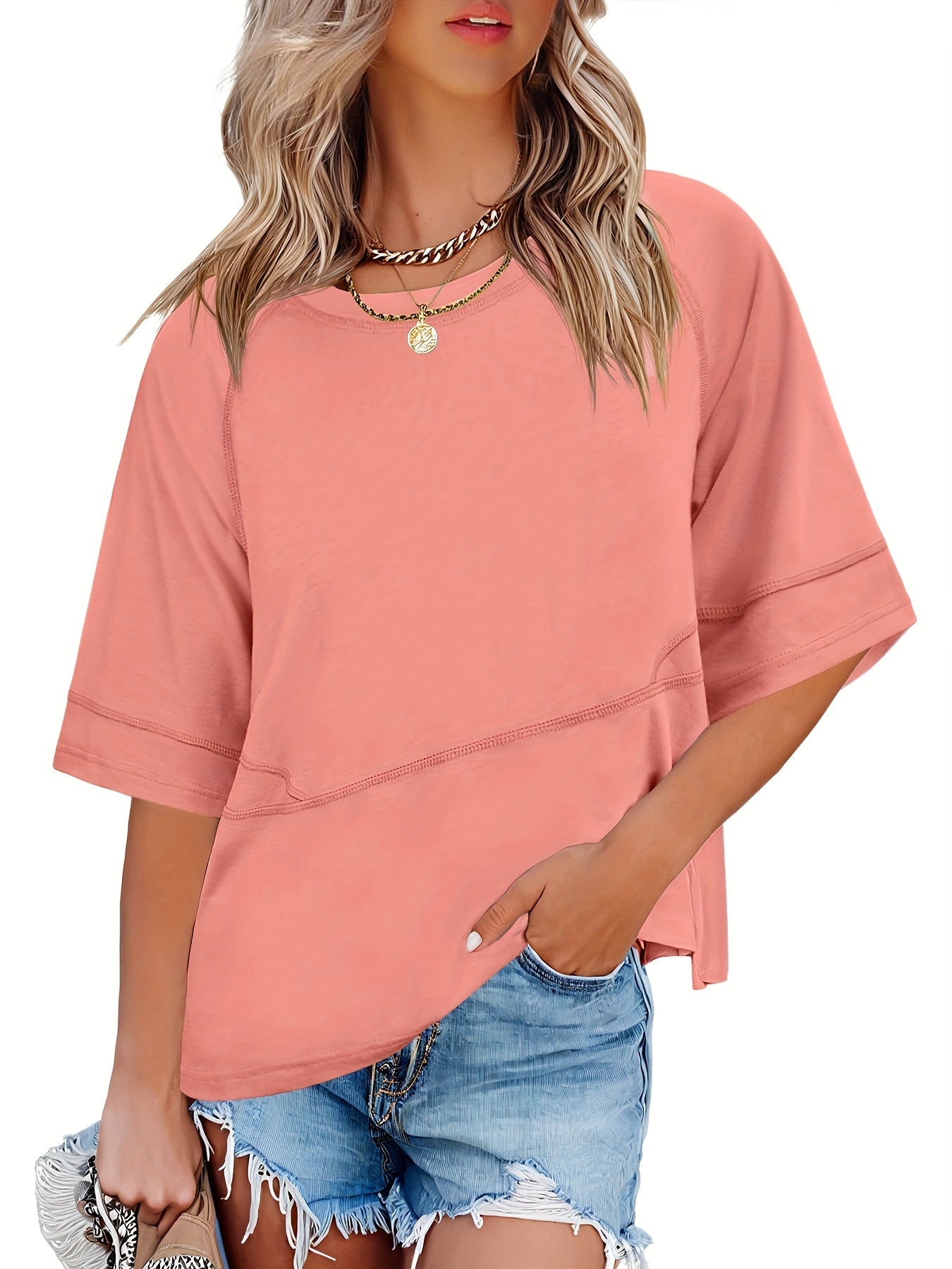 Solid Crew Neck Loose Basic T-shirt, Casual Half Sleeve Spring And Summer T-Shirt, Women's Clothing