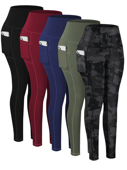 2026 5-Pack Plus Size Sports Leggings For Women, High-Waisted Cropped Yoga Pants With Pockets, Fitness Running Compression Tights, Game Day Fan Gear for Football and All Fans