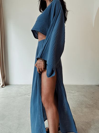 Spring Summer Women'S Chic Vacation Set| Soft Fabric Relaxed Fit Tapered Design| Cropped Top High Waist Slit Casual Pants Two Piece Set Style For Casual Friday And Weekend Errands Occasions| Comfortable Beach Outfits For Women