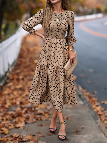 ZAFUL Spring Women's Clothing, Elegant Dress for Ladies with Long Sleeves and Round Neck Leopard Print, Commuting Elegant Dress, Women's Long Skirt