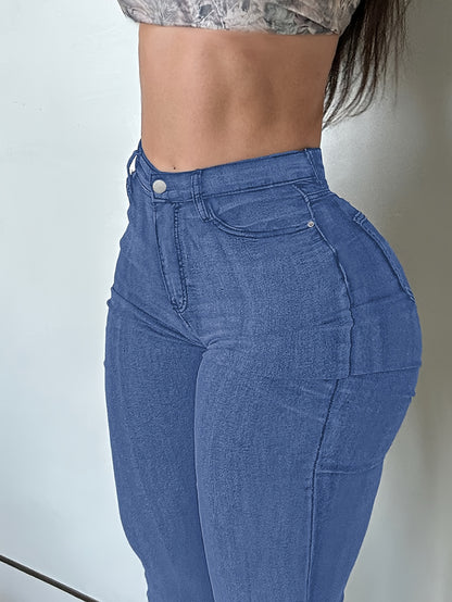 Women'S High Stretch Flare Zipper Jeans - Solid Color Street Style with Pockets, Four Seasons Comfortable Machine Washable Fabric, Functional Fashion Design, Comfortable Fit