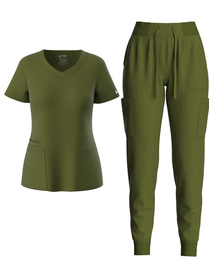 Women's Solid Two-piece Set - Elegant Short Sleeve V Neck Scrub Top & Drawstring Pants Outfits, Clothing