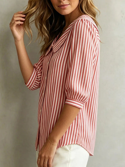 New Mid-Sleeve Striped V-Neck Shirt Top T-Shirt for Women