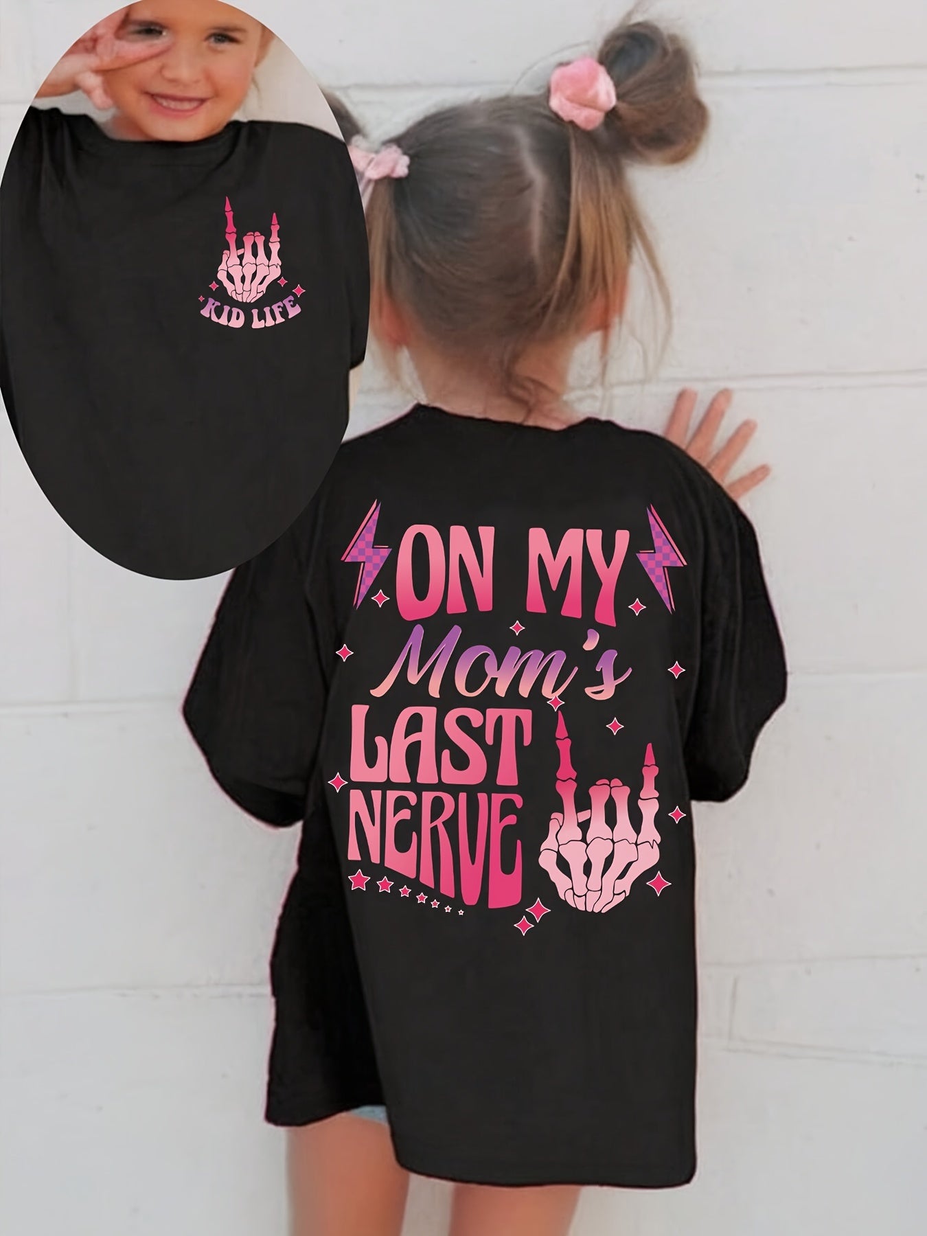 'On My Mom's Last Nerve' Fun Letter Print Girls 100% T-Shirt - Casual Short Sleeve, Crew Neck, Summer Top for Youngsters