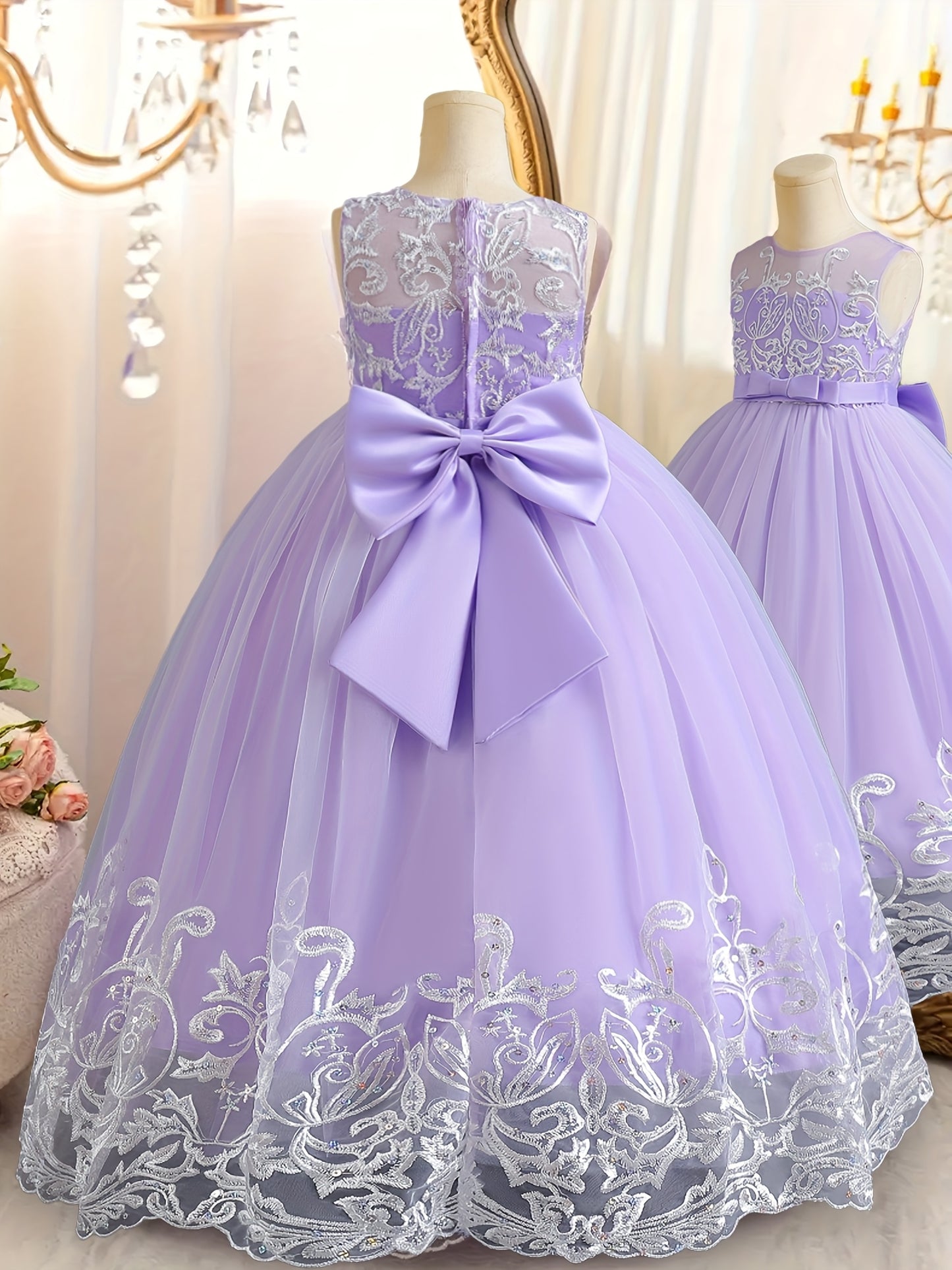 Flower Girl Lace Dress for Kids Wedding Bridesmaid Pageant Party Formal Long Gown Princess Communion Tulle Bow Dresses