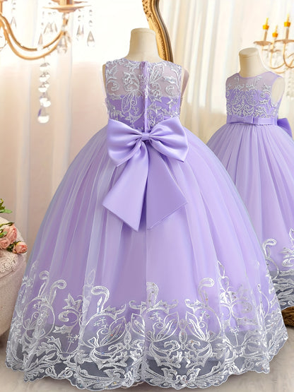 Flower Girl Lace Dress for Kids Wedding Bridesmaid Pageant Party Formal Long Gown Princess Communion Tulle Bow Dresses