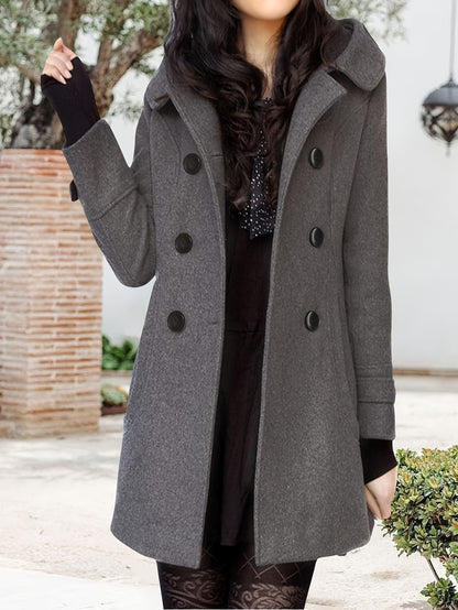 Women'S Hooded Double-Breasted Wool Blend Mid-Length Elegant Casual Coat