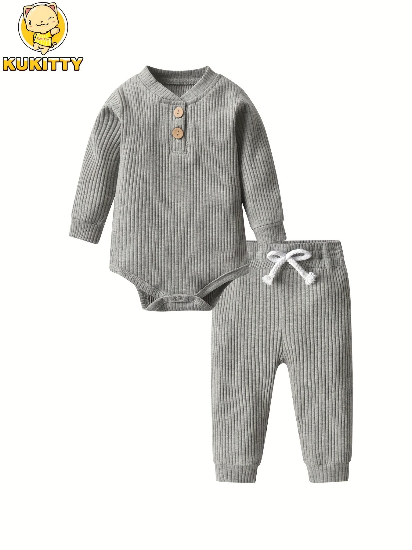 Kukitty Newborn Baby Boys Girls Clothes Unisex Long Sleeve Solid Color Ribbed Bodysuit And Pants Outfits Set, for Outdoor