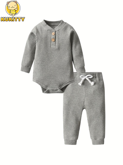 Kukitty Newborn Baby Boys Girls Clothes Unisex Long Sleeve Solid Color Ribbed Bodysuit And Pants Outfits Set, for Outdoor
