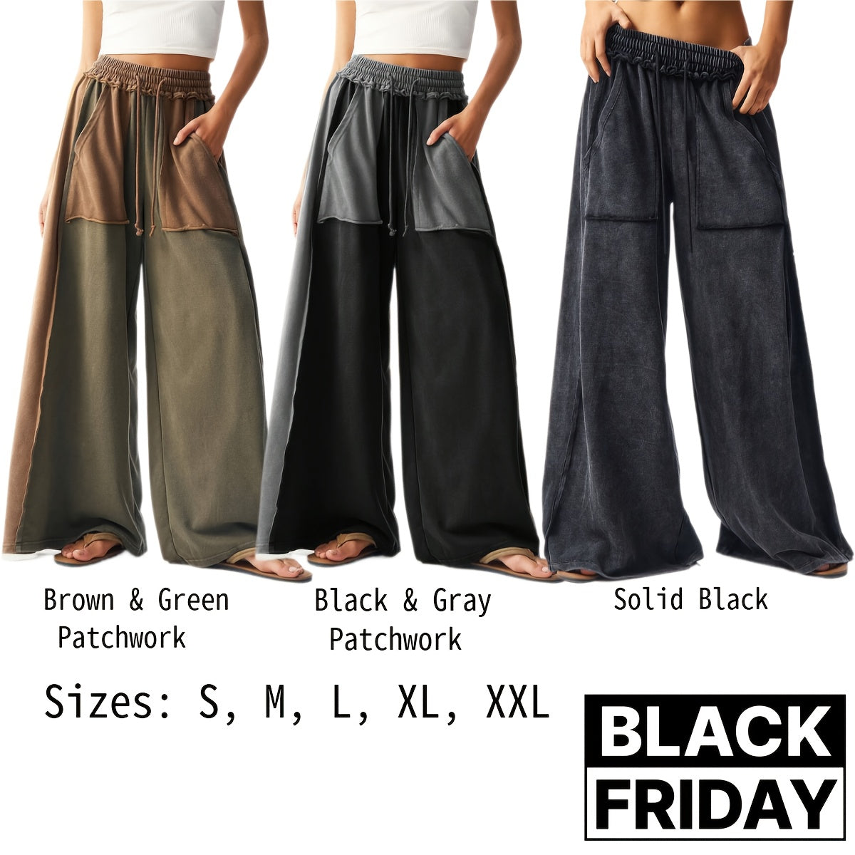 BOHO Women'S Casual Patchwork Multicolor Loose Wide-Leg Washed Pants