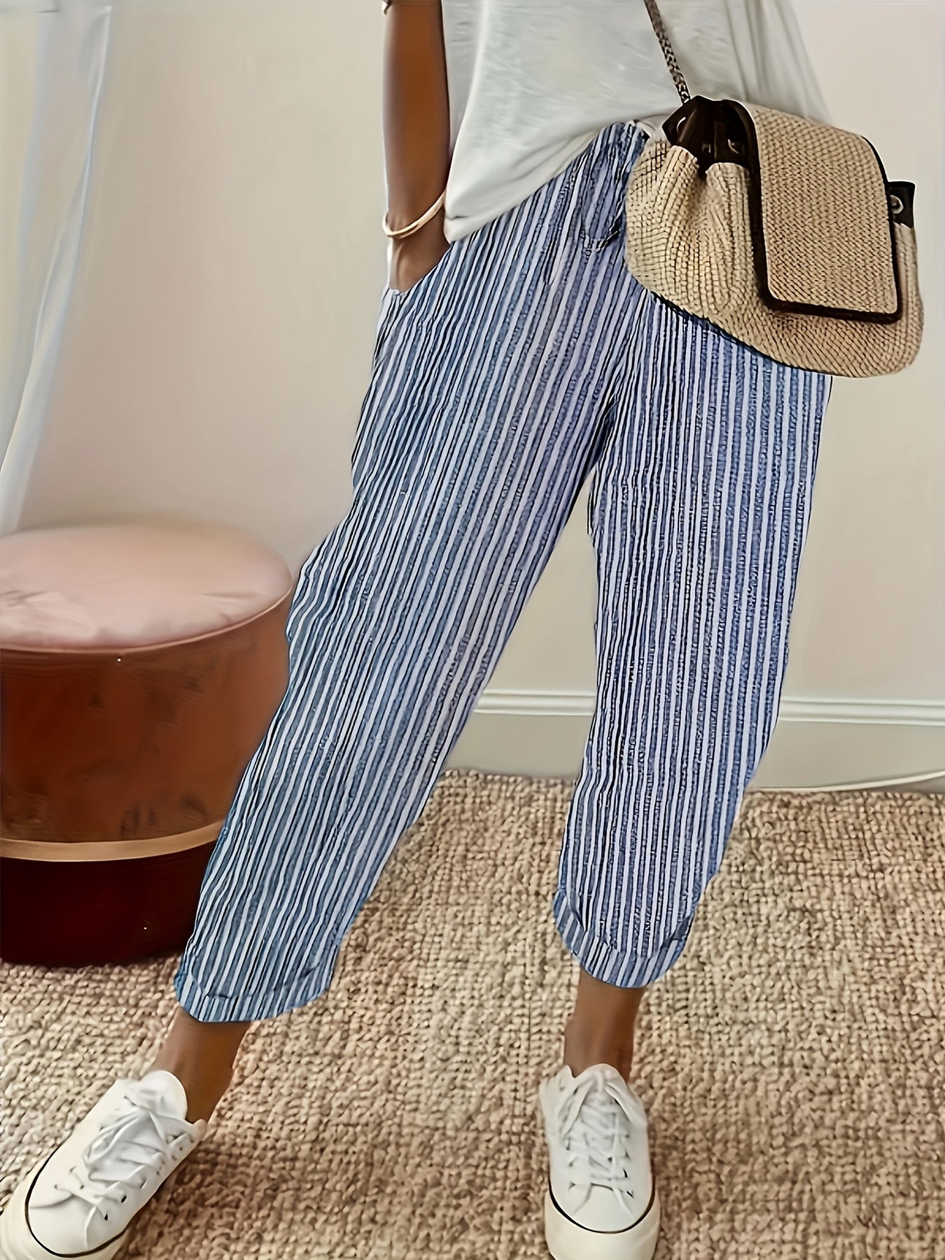 Women's High-Waisted Casual Wide Leg Pants - Lightweight Polyester, Machine Washable, All-Season Comfort with Side Stripe Detailing, 3/4 Length Relaxed Fit for Casual Attire, Comfy Pants, Versatile Wardrobe Staple, Stylish Stripe Detailing, Durable Constr