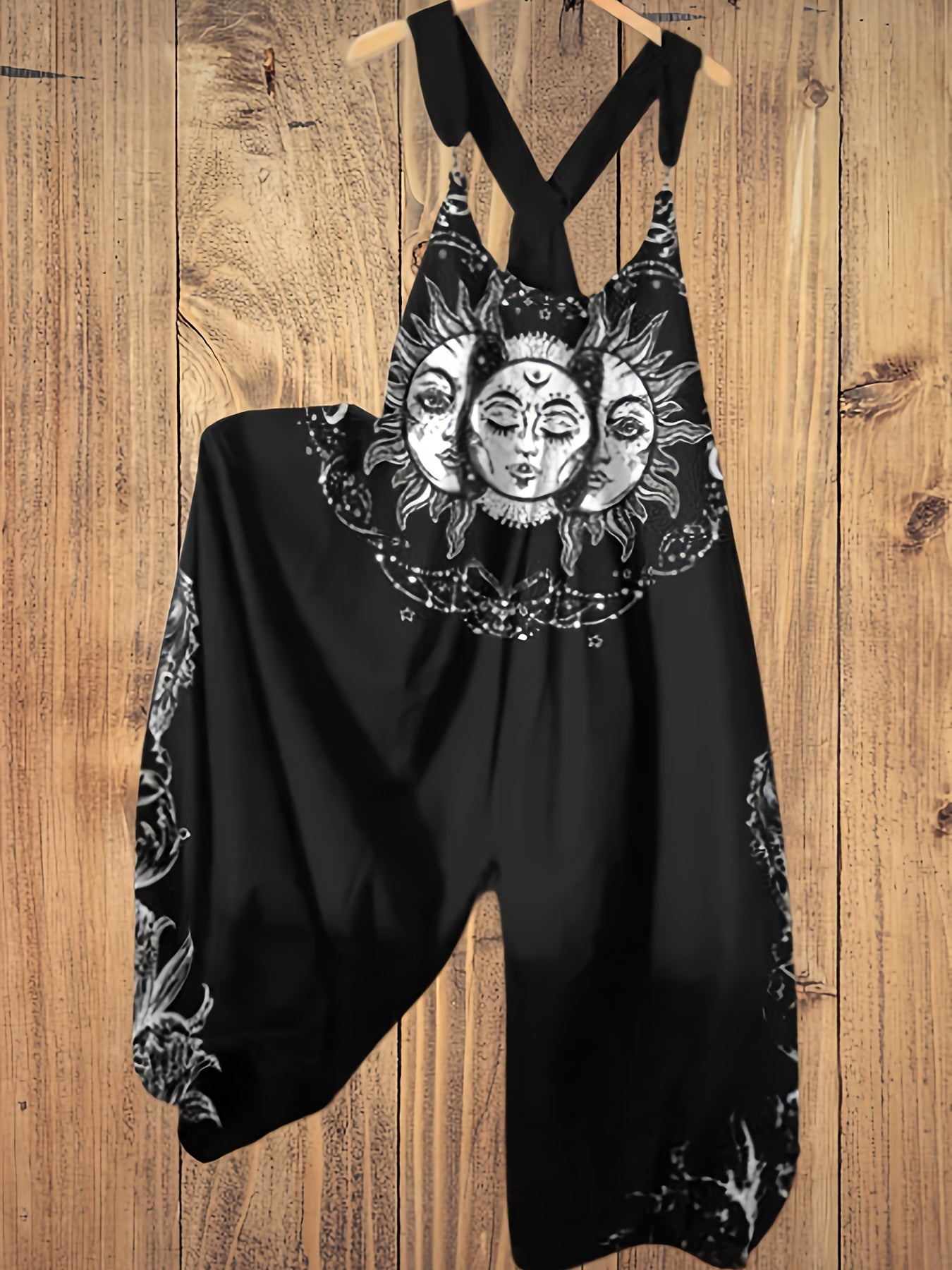 Women'S Gothic Sun And Moon Printed Relaxed Jumpsuit