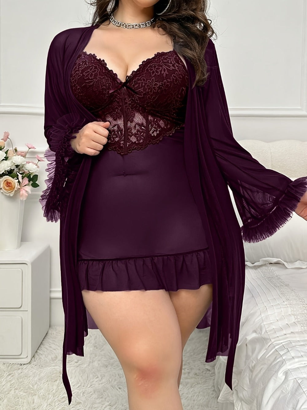 Women's Lace Pajama Set - 2-Piece Lace Plus Size Comfort