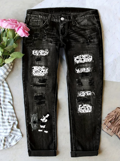 Plus Size Women's High-Waisted Distressed Washed Patchwork Jeans | Pink Leopard Print Patches & Rips | Slim Fit, Unique Fashion Design | Versatile for All Seasons